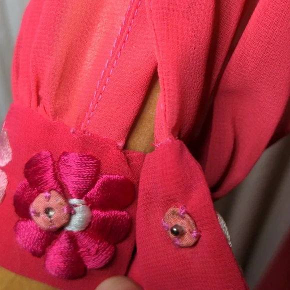 Vintage 60s Pink Embroidered Daisy Maxi Dress Bishop Sleeves XS/Small - Picture 7 of 13